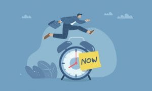 take action now and don't procrastinate, targeted work to achieve tasks on time efficiently, businessman jumping over clock to goal, flat design vector illustration.