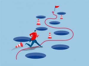 avoid pitfall planning and obstacle avoidance concept, business failure, skill and creativity to solve problem with many pitfalls to achieve business success vector