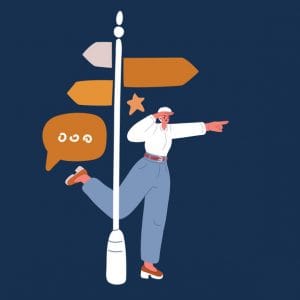 cartoon vector illustration of a woman standing under a signpost with arrows pointing in different directions, symbolizing choices, decision making, and navigating options